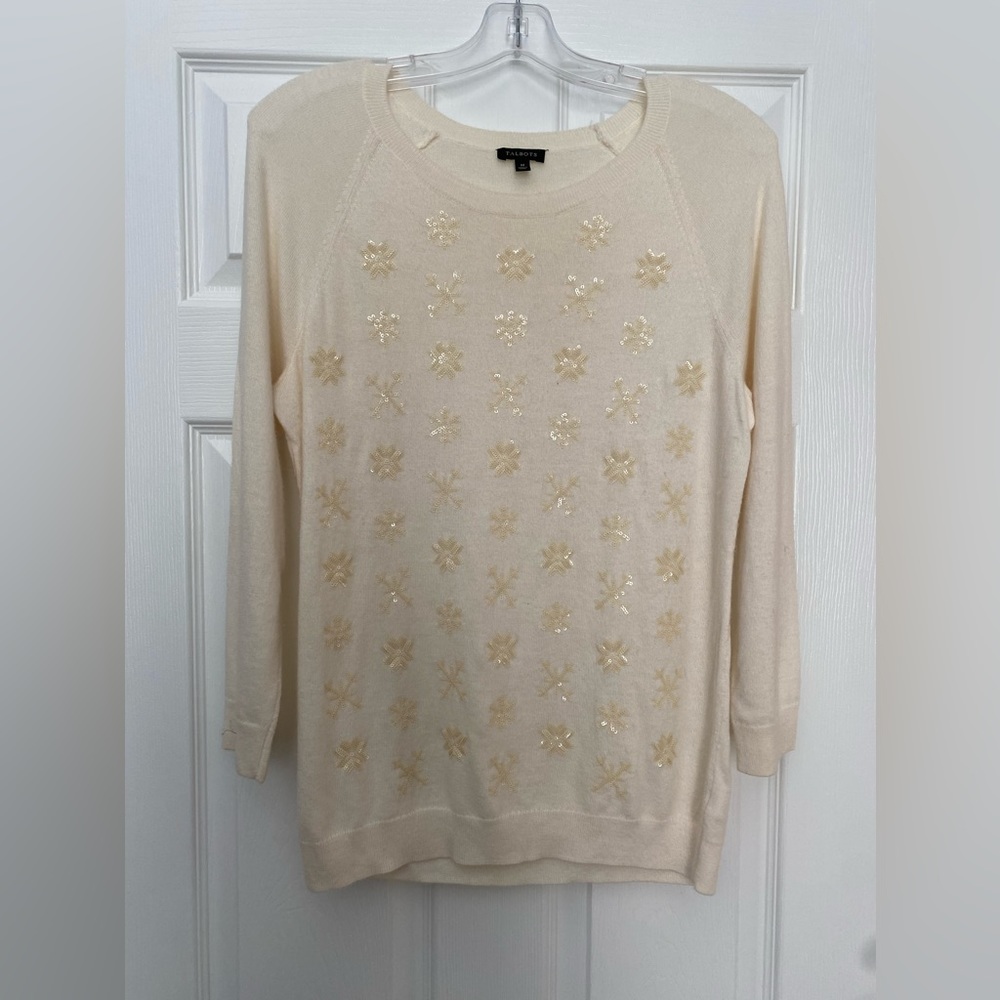 Talbots Woman’s Sweater Lambswool Sequin Snowflake 3/4 Sleeve